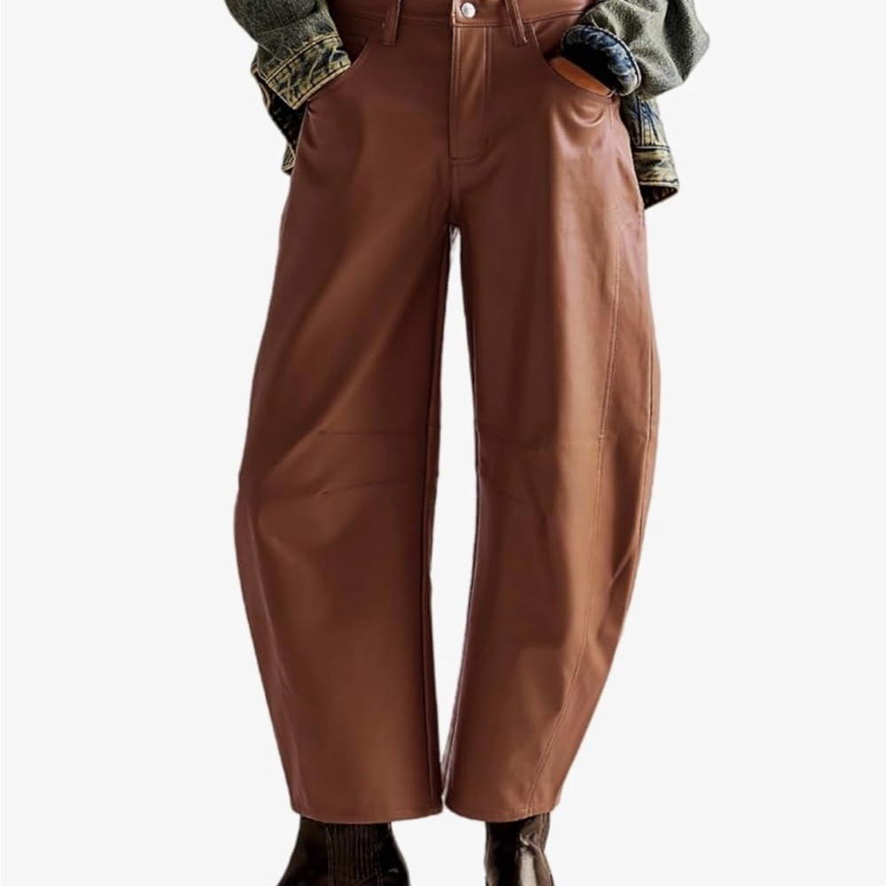 Brown Barrel Faux Leather Pants